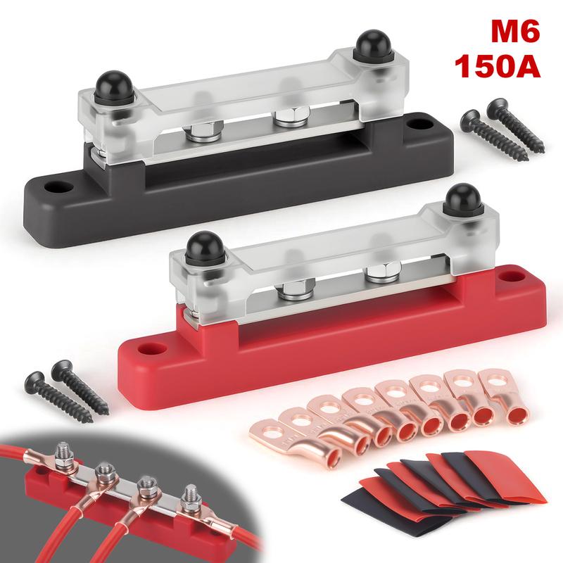 Bus Bar For Marine Car RV Solar Wiring Red Terminal Power Distribution Block 4 Post 48V 150A 1/4" M6 Stud Copper Nickel Plated