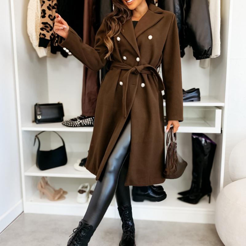 Women's Commuting Coat Winter Temperament Street Trend Solid Color Double Breasted Buckle Long Sleeve Tied Woolen Coats