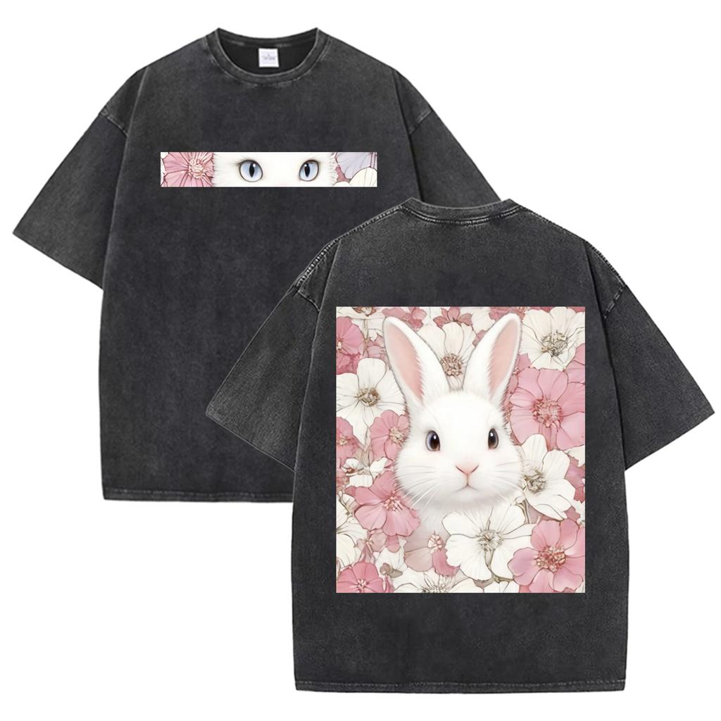 Double Sided Animal Pattern Print Vintage Washed T Shirt Oversized Cotton Aesthetic Kawaii Casual Short Sleeve Streetwear Tee