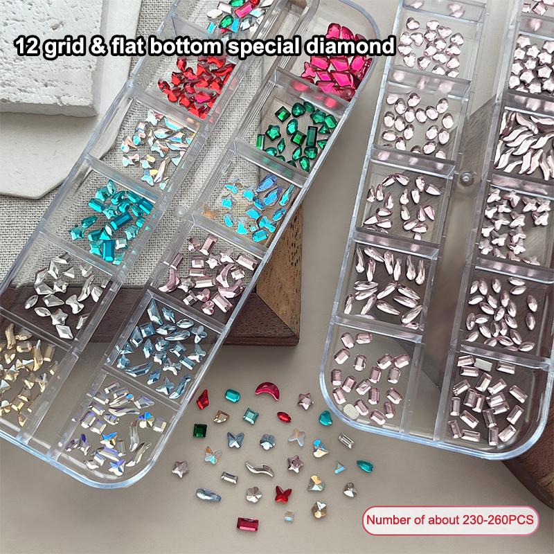 12 Grids Mixed Shape Colorful  Nail Art Decoration Multi Size Flat Back  Nail Gel Diy Nail Accessories