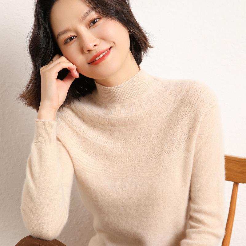 Winter Half-turtleneck Cardigan for Women for Women's First-line Ready-to-wear Hollow Knitted Base Shirt Soft and Glutinous Warm Cashmere Top