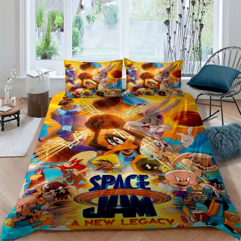Ensemble couette et taie d'oreiller classique sur le thème du film de science-fiction Space Jam, imprimé en 3D, ensemble de literie pour enfants, décoration de chambre peut être personnalisé
