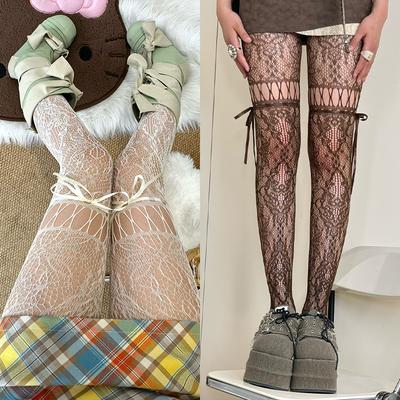 Y2K Lolita Damen Schnürstrumpfhose Klassische Spitze Netz Durchbrochene Strumpfhose mit Panty Retro Rattan Strumpfhose