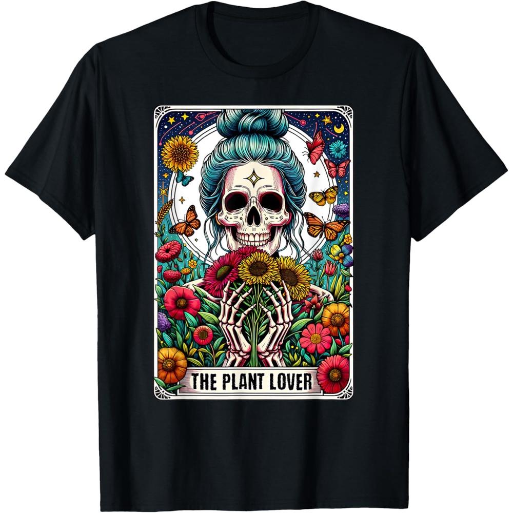 The Plant Lover Tarot Card Skeleton Flower Gardening Womens T-Shirt