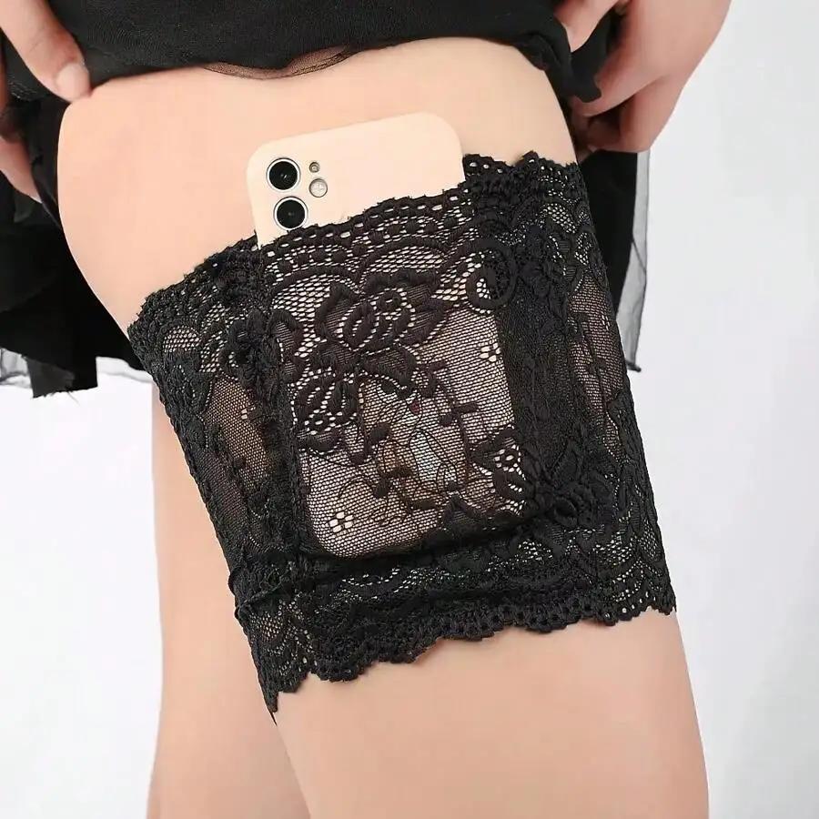 Eleganter Spitzen-Strumpfhaltergürtel für Damen, Verstellbares Kniehoch-Strumpfzubehör mit Silikon-Anti-Rutsch-Handytasche