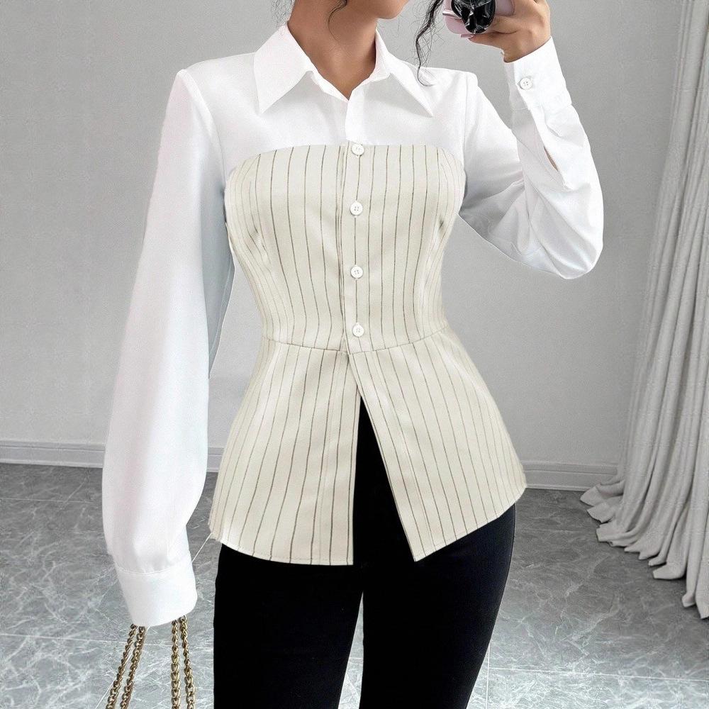 Women s Color Block Long Sleeve Shirt Casual Striped Detail Button Down Blouse S