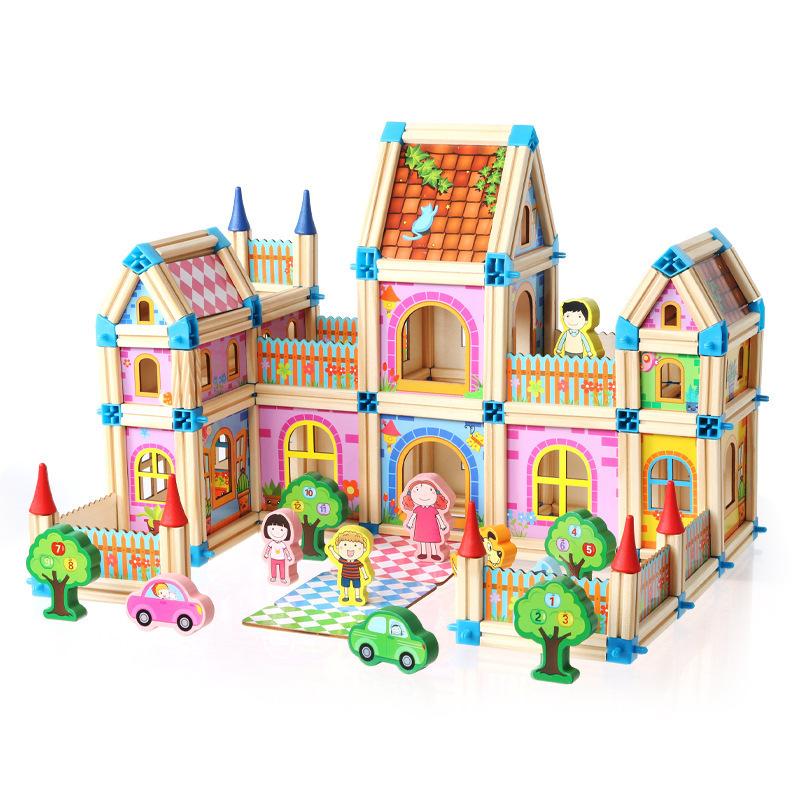 Wooden master building block children's early education mosaic house model assembly colorful house toys