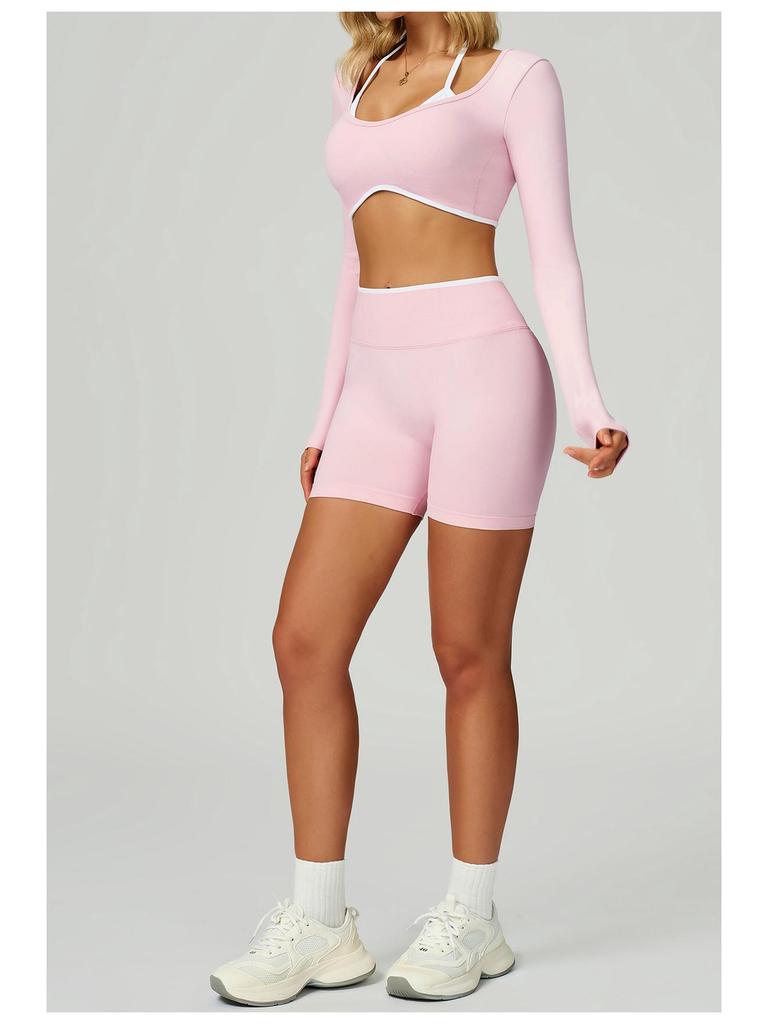 Sömlös Color Block Tvådelad Långärmad Cropped Yoga T-shirt för Löpning & Fitness