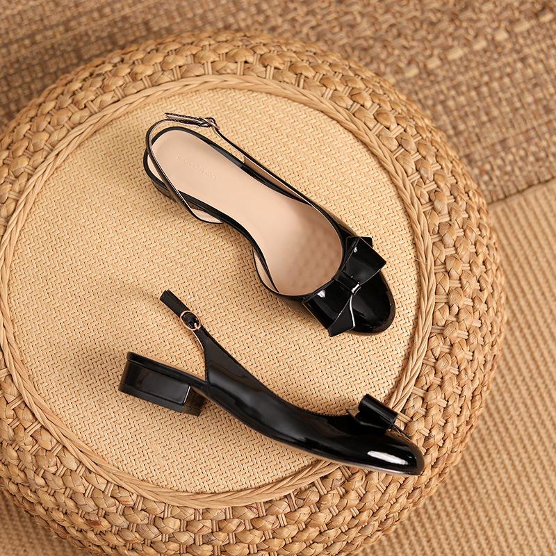 2025 New Round Head Bag Head Sandals Women's Summer High Heels Thick Heel Mary Jane Fashion Design Bow Single Shoes