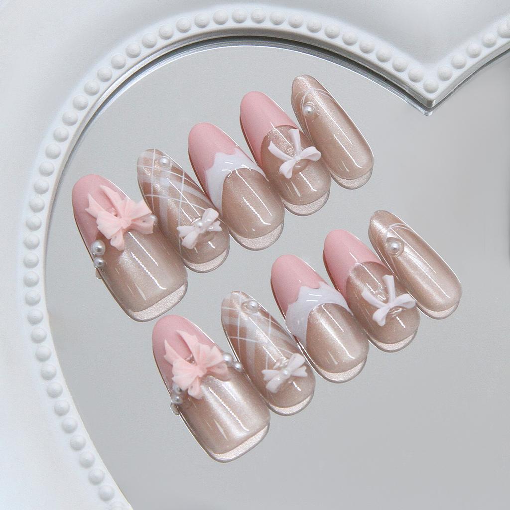 Creme kariert Mädchen Rosa Französische Perle Schleife Katzenauge ins Wind Abnehmbar Tragen Nagel 30 Stück Nagelkunst