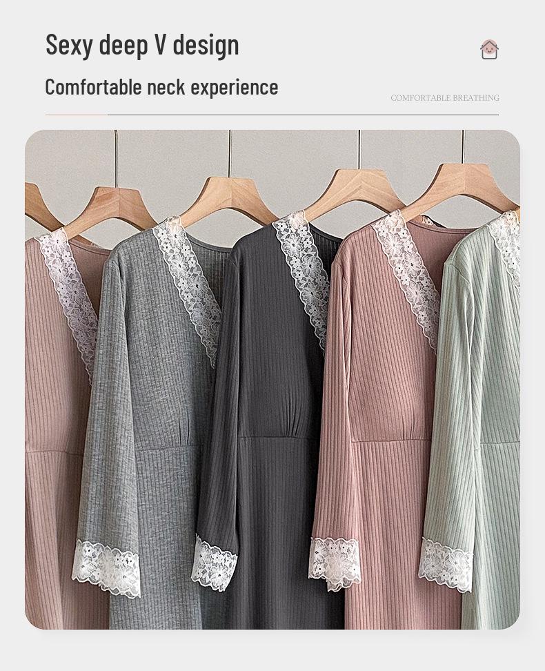 Spring V-neck Long-sleeve Pajama Set with Built-in Bra Pads - Plus Size