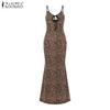 ZANZEA Women Summer Straps Slim Leopard Print Slip Long Dress