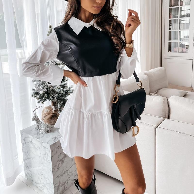 

Мода Жіноча Шкіряна Сукня Печворк Клітчаста Міні-сукня Вечірня Повсякденна Спідниця Весняна Сукня з Воланами S білий