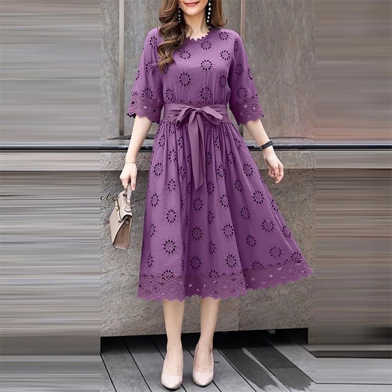 

ZANZEA Женское повседневное платье с круглым вырезом, рукавами 3/4, свободное, в стиле пэчворк, с кружевом 5XL фиолетовый