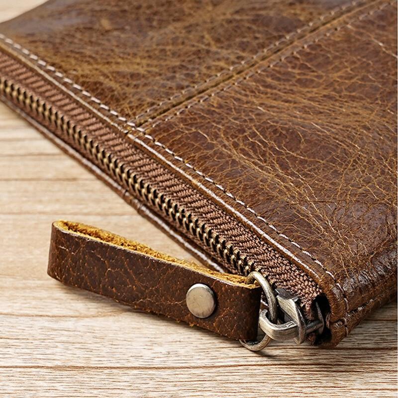 Mens and Women Retro Real Leather Zipper Wallet Card Holder Small Coins Keys Pocket Money Storage Pouch with Chain Key-ring