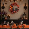 Spooky Cat And Moon Garland Halloween Floral Garland, with String Lights, Black Silhouette Orange Warm Light Decor Wreath, for Front Door