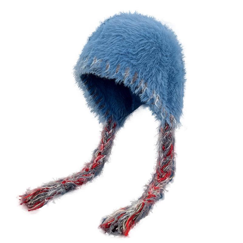 Cute Plush Hat Women's Autumn and Winter Colorful Fringed Braids Knitted Pullover Hat Ear Protector