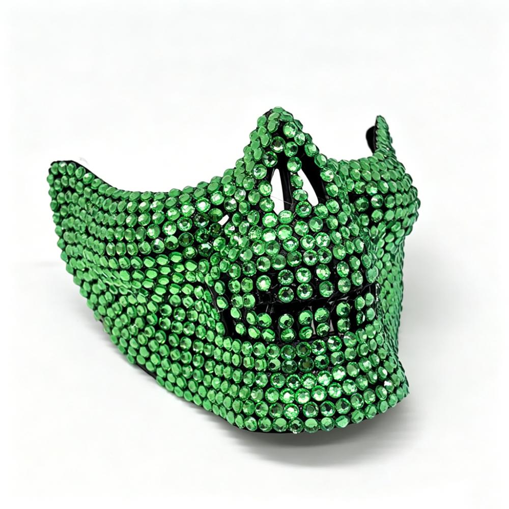 Handcrafted Half-Face Masquerade Mask Sparkling Punk Rock Style Rhinestone Mask Horror Style Full Crystal Mask зелёный