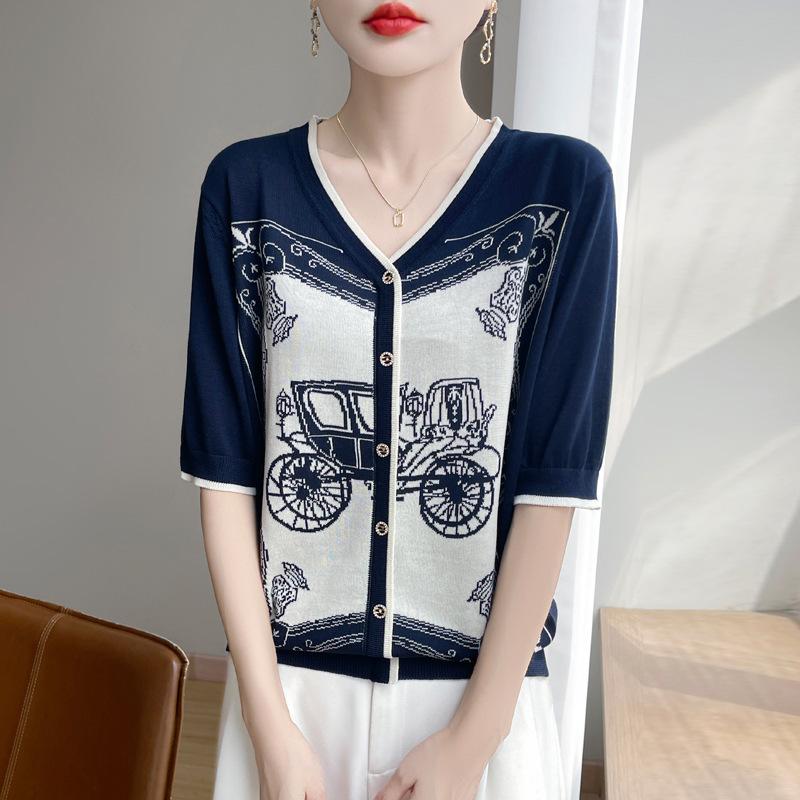 Retro Jacquard Blouse, Elegant and Youthful Coat, Summer New V-neck Short-sleeved Knitted False Cardigan for Women
