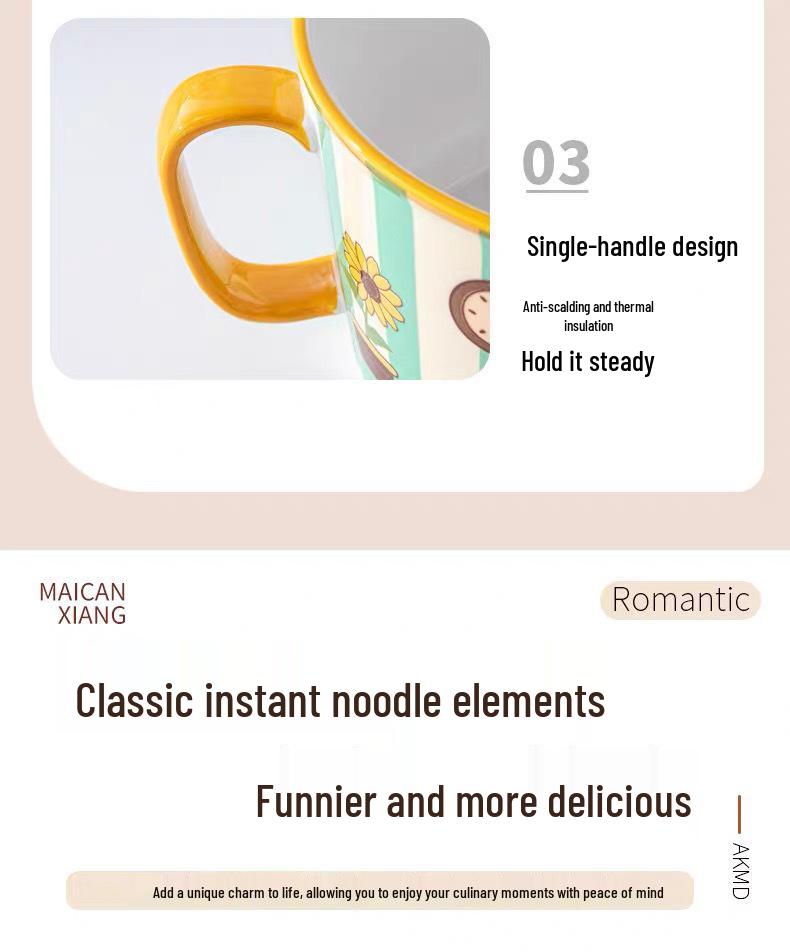 Cartoon Instant Noodle Bowl with Lid and Drain, Large Capacity, Cute Lunch Box for Students