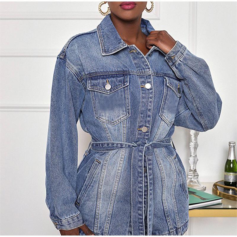 Elegant Lapel Denim Jacket with Belt Women Solid Color Long Sleeve Button Fake Pocket Loose Jacket 2025 Fashion Street Outwear