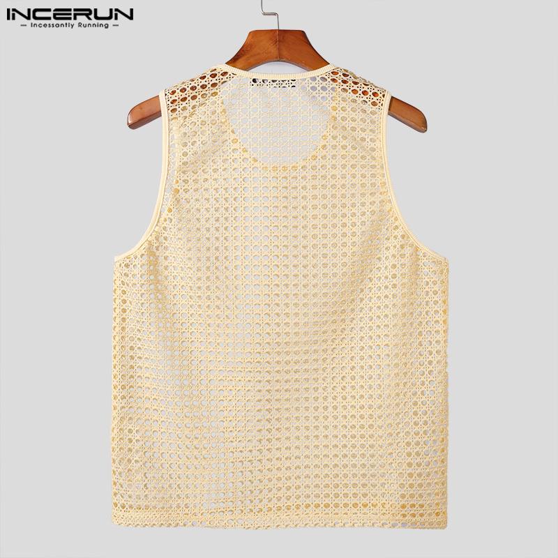 INCERUN Men Summer Hollow Sleeveless Vest Casual Loose Party Beach Net Yarn Tank Tops