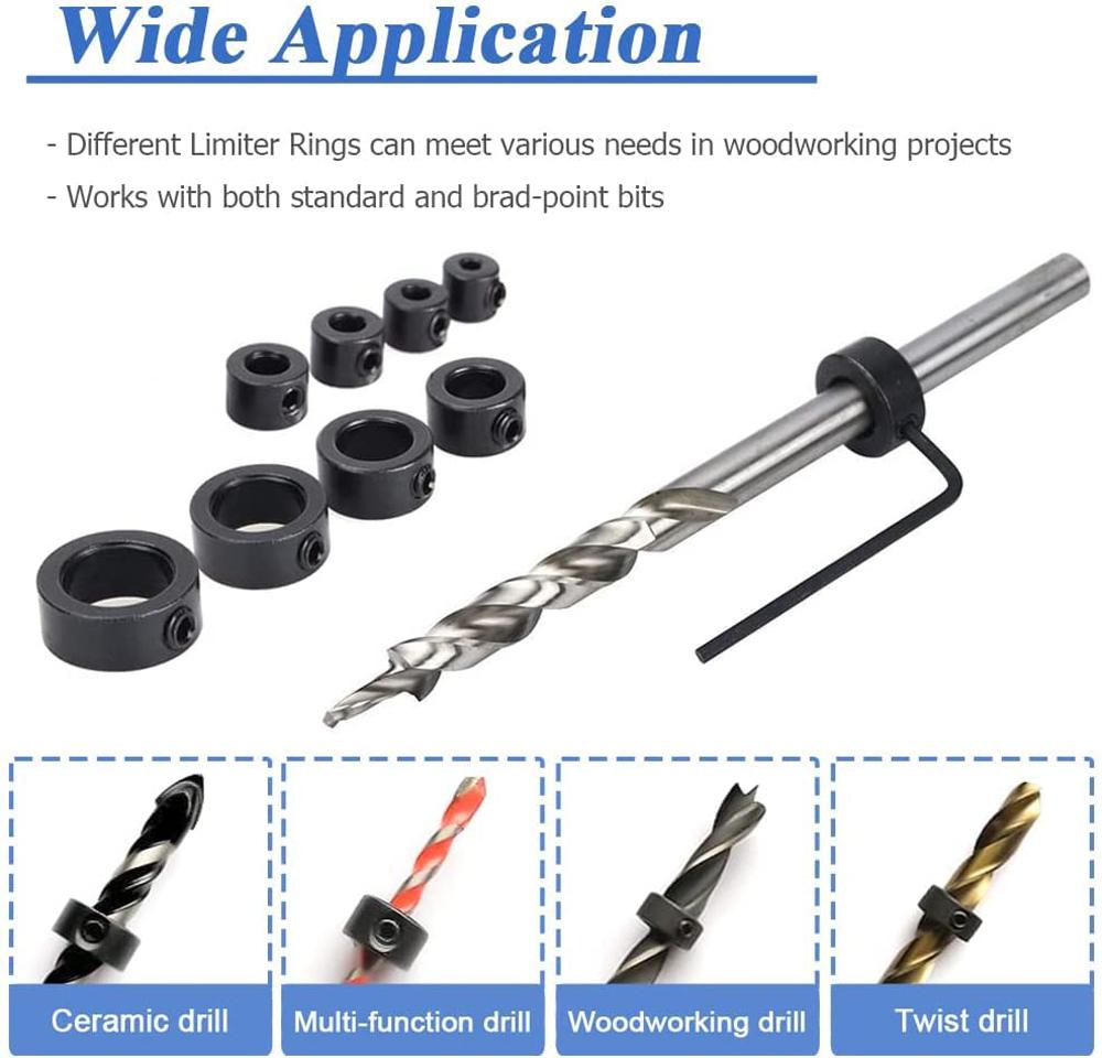 Drill Depth Stop Bit Collar Set Adjustable Positioner Limit Ring Allen Wrench Tighten The Stopper Set-Screws Woodworking Tool