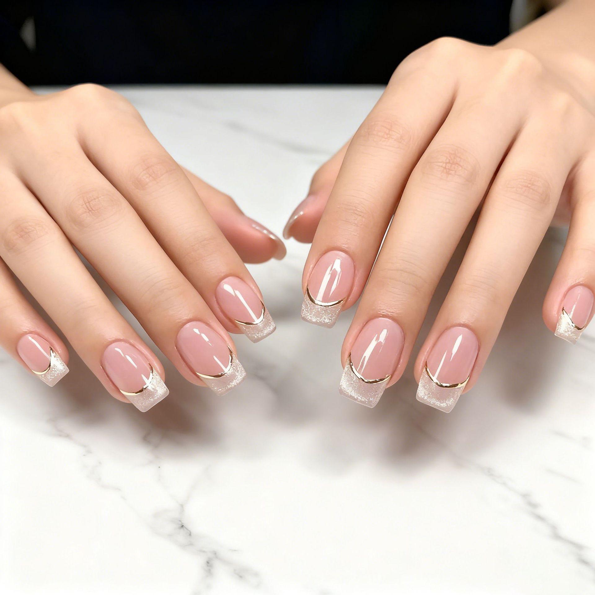 Europe, America, 24 Pieces Of Manicure, Nude, High-End Fashion, French Clear Cat S Eye, Rectangular Wearing Nail Piece Free jelly glue + rubbing strips*4pcs