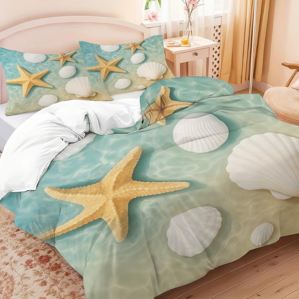 Ocean Theme Quilt Cover Three-Piece Beach Shell 3D Digital Printing Quilt Cover Pillowcase