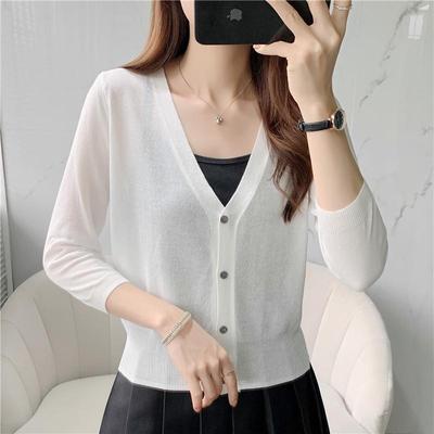 Eisseide Feinstrick Sommer Cardigan - Weiß, Slim Fit Sonnenschutz mit langen Ärmeln