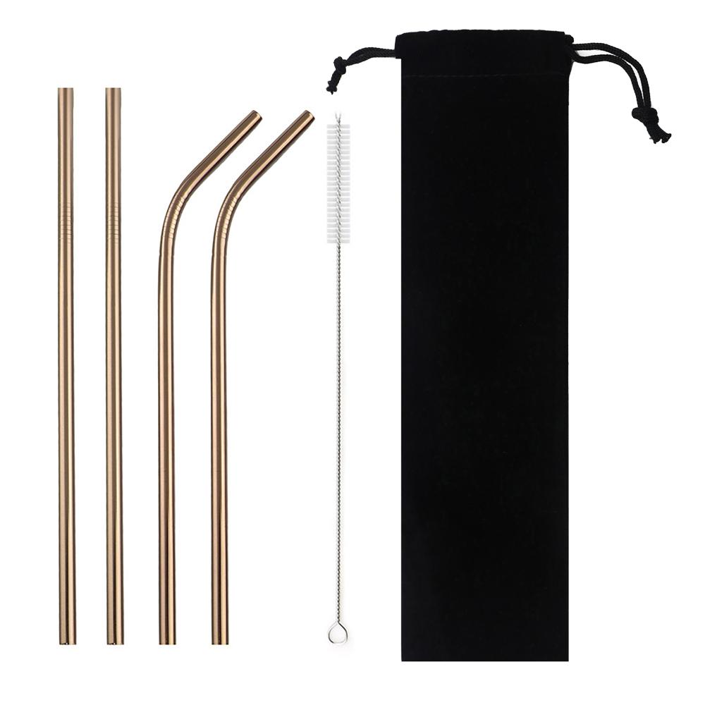 18/10 Stainless Steel Reusable Straws Gold Drinking Straw Set Mteal Straw Coffee Party Bar Straw With Cleaner Brush Portable Bag