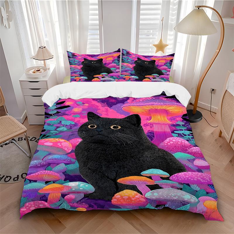 

3pcs bedding set Mushroom Fantasy Cat Includes 1 Comforter + 2 Pillowcases, Without Pillow Inserts, Soft Comfortable, Lightweight Breathable027 135x200cm