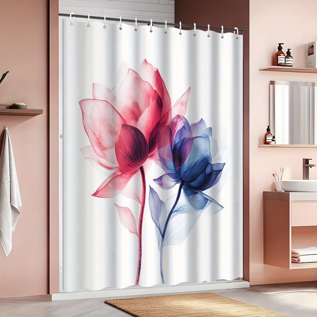 1 Piece Artistic Ink Painting Peony Flower Pattern Shower Curtain, Polyester Fabric, Machine Washable, Suitable for Bathroom