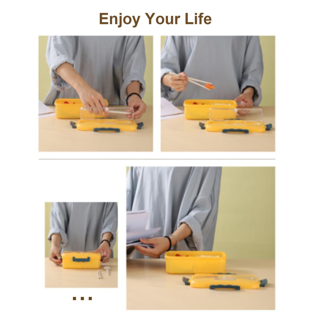 Portable Lunch Box Student Leakproof Microwave Heating Divided Food Containers with Spoon Chopsticks