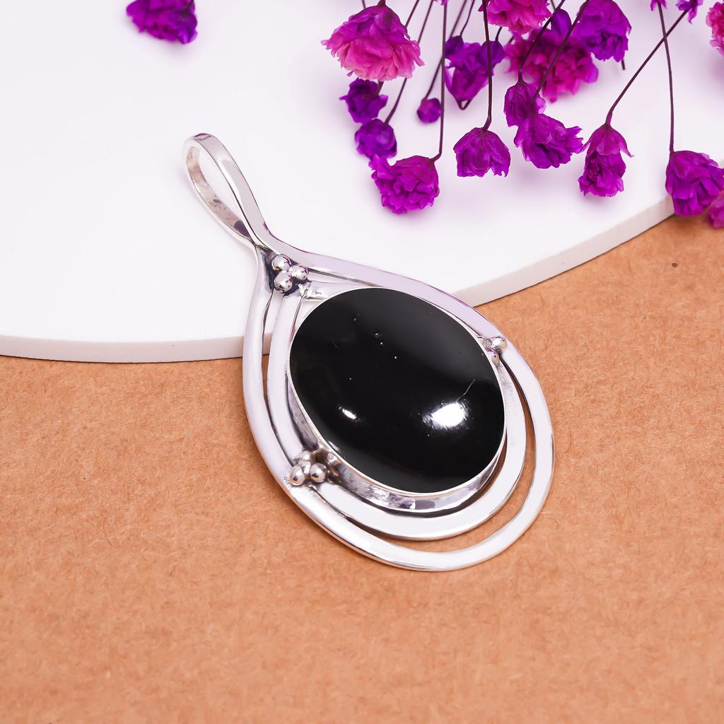 Schwarzer Onyx - Brasilien 925 Sterling Silber Anhänger V8265, Schwarzer Anhänger, Ovaler Anhänger, Valentinstagsgeschenk, Geschenk für Sie, Geburtstagsgeschenk, handgefertigter Schmuck