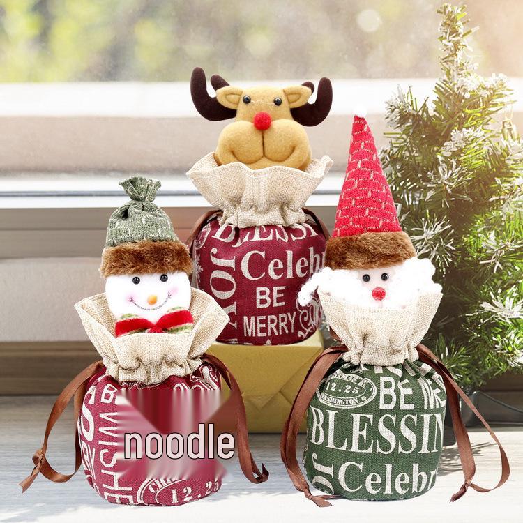 Weihnachts-Jutesäckchen mit Kordelzug und Zeichentrickfiguren - Schneemann, Alter Mann, Rentier und Apfel-Design für Kinder