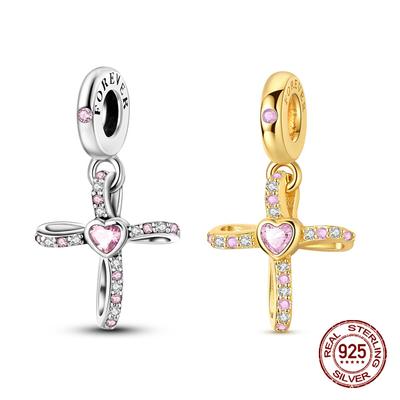 New In Copper Pink Zircon Cross Charms Beads Pendant Jewelry Fit Originalbracelet For Women Diy Gift