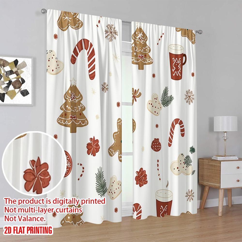 Set Of 2 Plane Printing Curtains Christmas Cookies Hot Chocolate Versatile Polyester Without Rod Sheer Made