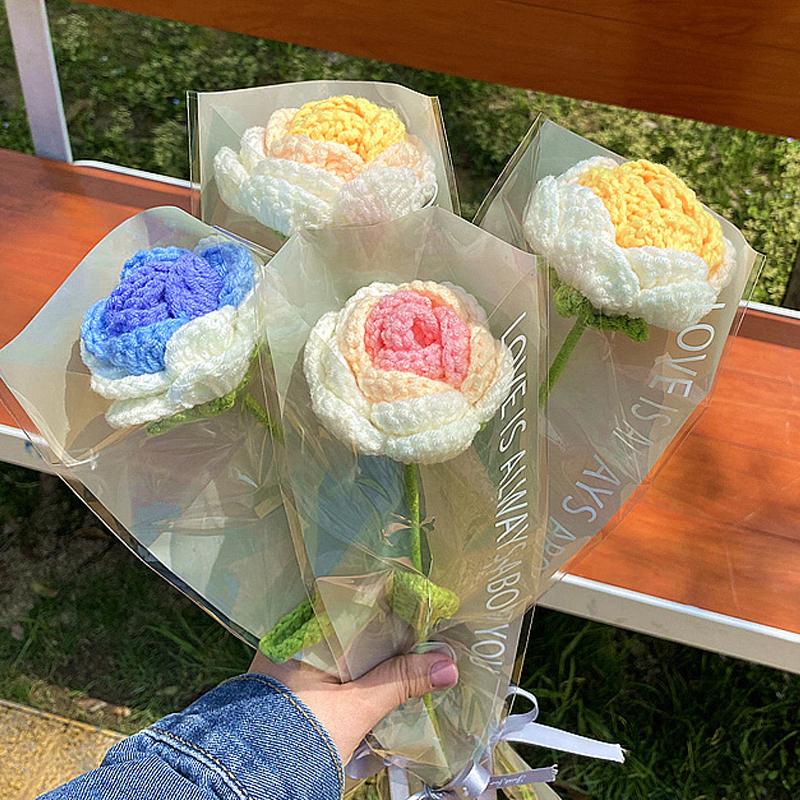 1PC Knitted Flower Rose Fake Flowers Bouquet Wedding Party Decoration Hand Knitting Crochet Woven Artificial Flower Table Decor