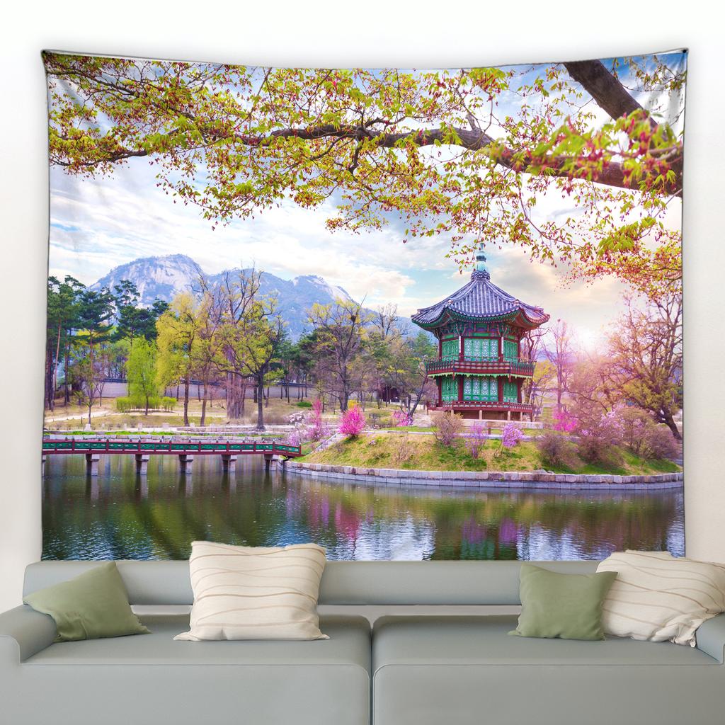 Chinese Style Landscape Tapestry Park Garden Green Plant Wall Hanging Home Living Room Bedroom Decor Aesthetic Cute Blanket Mat
