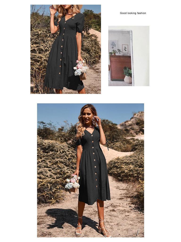 2024 Summer European & American Women's Cotton Linen V-Neck Dress with Buttoned Short Sleeves