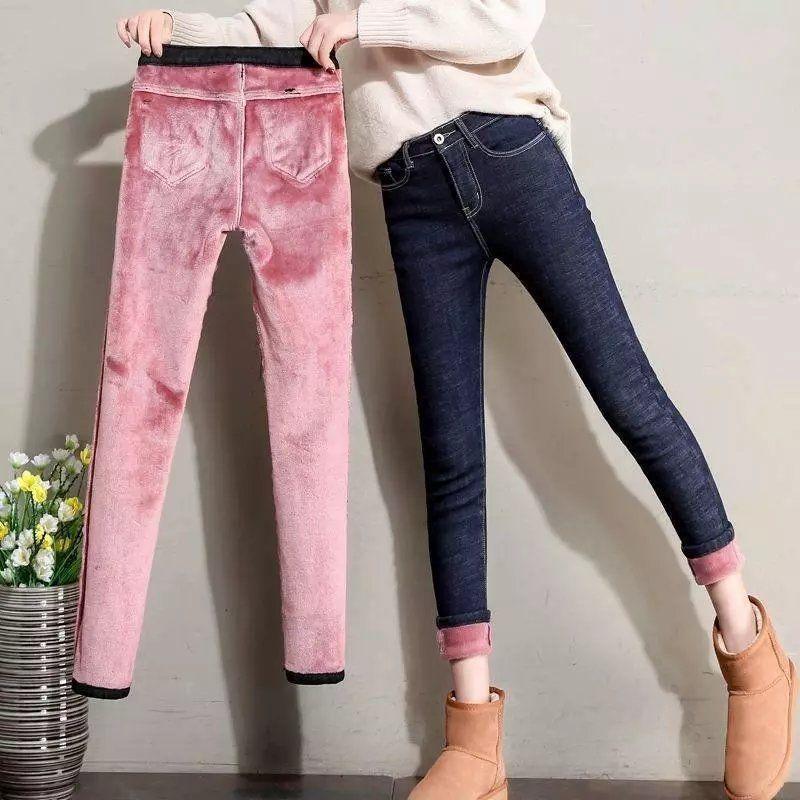 Women Thermal Jeans Winter Snow Warm Plush Stretch Jeans Lady Skinny Thicken Fleece Denim Long Pants Retro Pencil Trousers