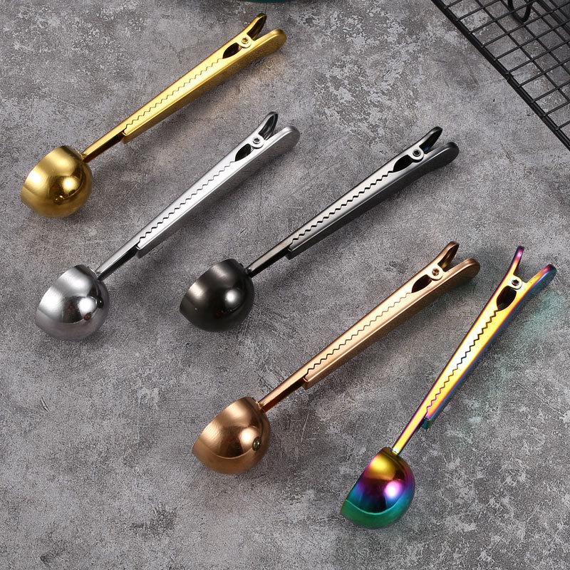Creative Titanium-Plated Stainless Steel Coffee Spoon with Sealing Clip and Measuring Function for Milk Powder and Desserts