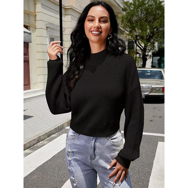 Herbst und Winter Damen Pullover Laternenärmel Pullover Einfarbig Vielseitig Mode Halb Stehkragen Kurzpullover