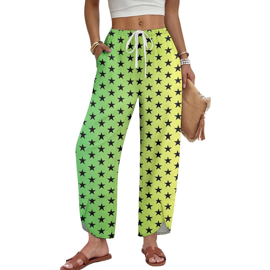 Dames Sterrenprint Trekkoord Broek - Casual Wijde Pijp Losse Pasvorm
