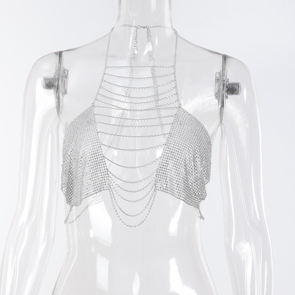 New Sexy Grid Flash Diamond Neck Sling Girl Nightclub Hottie Metal Breast Chain Top