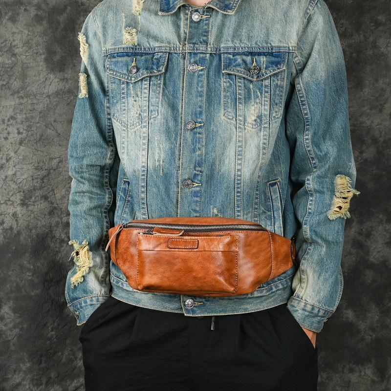 Vintage Chaozhou Hand-Colored Leather Fanny Pack: Retro Genuine Leather Chest Bag with Multi-Pocket Phone Holder