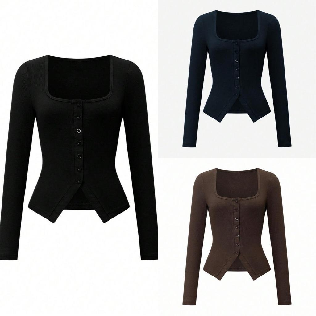 Women's Knitwear Top - Square Neck, Long Sleeve, Buttoned: Perfect for Autumn/Winter Y2K Style