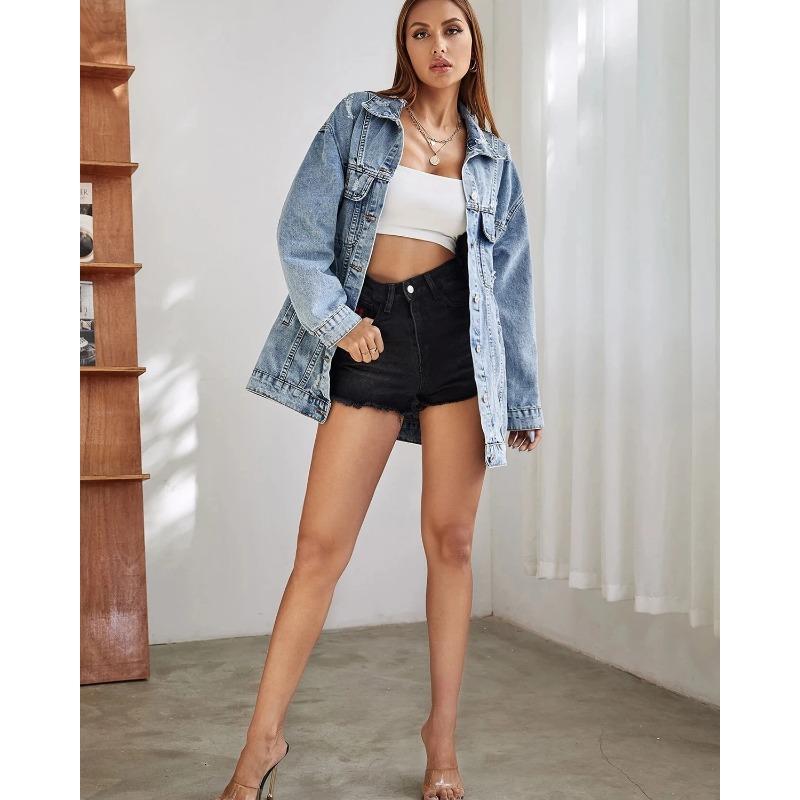 Women Casual Oversize Denim Jackets Mid Long Vintage Ripped Jean Coats