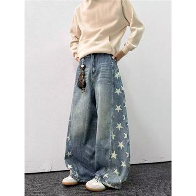 American Retro Washed Star Printed Jeans Men's and Women's High Street Trendy Brand Loose Ruffian Handsome Casual Wide-leg Scimitar Pants